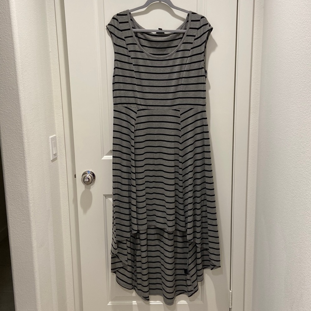Grey/black striped hi-low maxi dress with cap sleeves